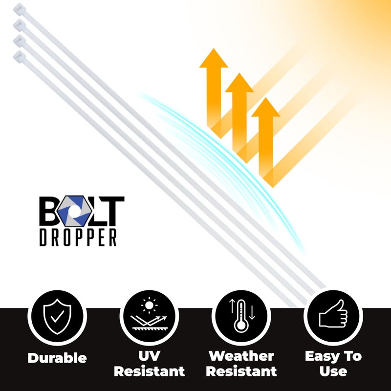 Bolt Dropper 12-Inch White Zip Ties - 100-Pack Reusable Heavy Duty Wire and Cable Ties - Durable Self-Locking Nylon with 120 lbs Tensile Strength - UV and Temperature Resistant for Indoor and Outdoor - Image 4